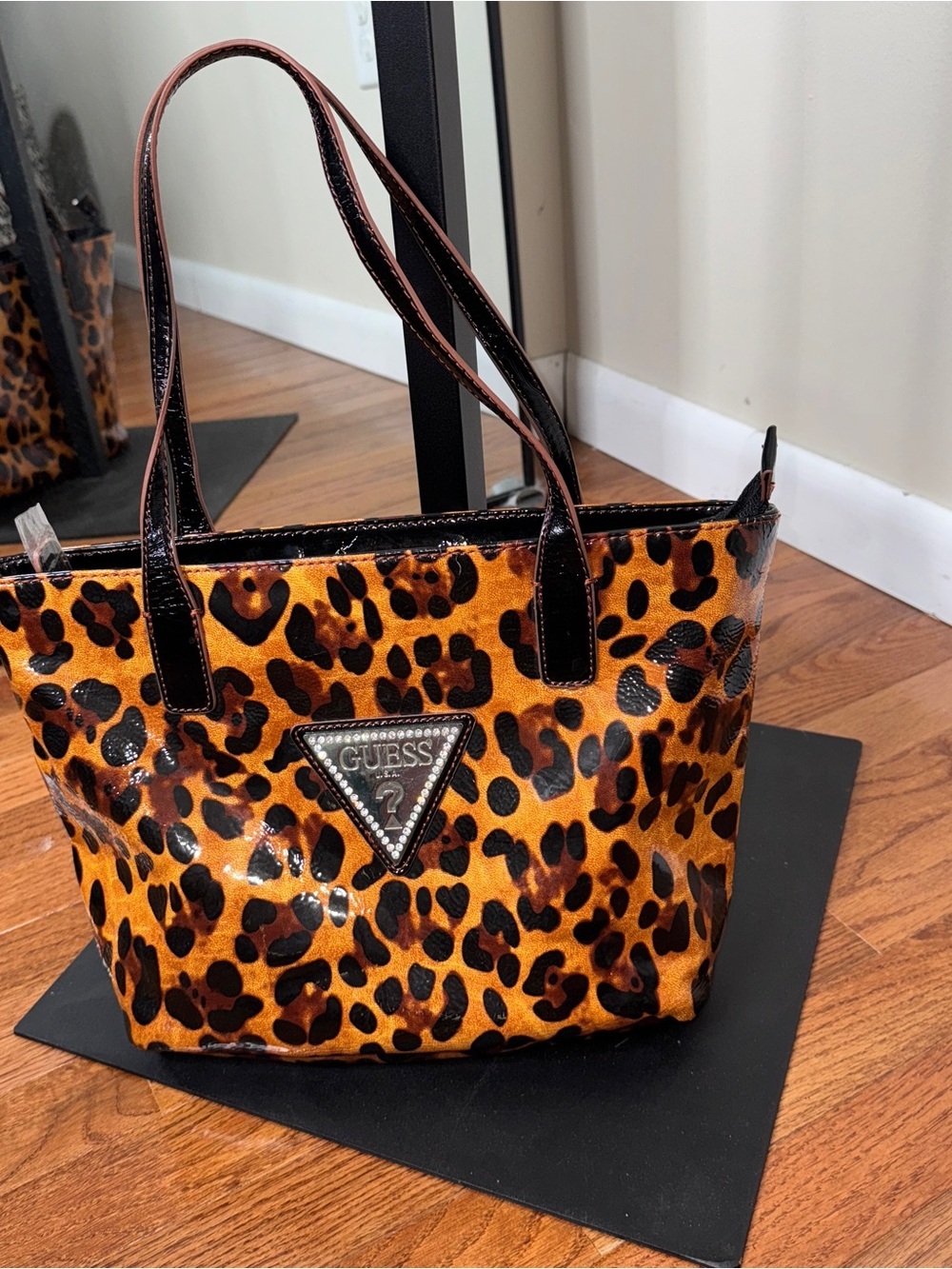 Guess Leopard Patent Leather Diamond Logo Shoulder Tote Bag Black Brown - Picture 2 of 8